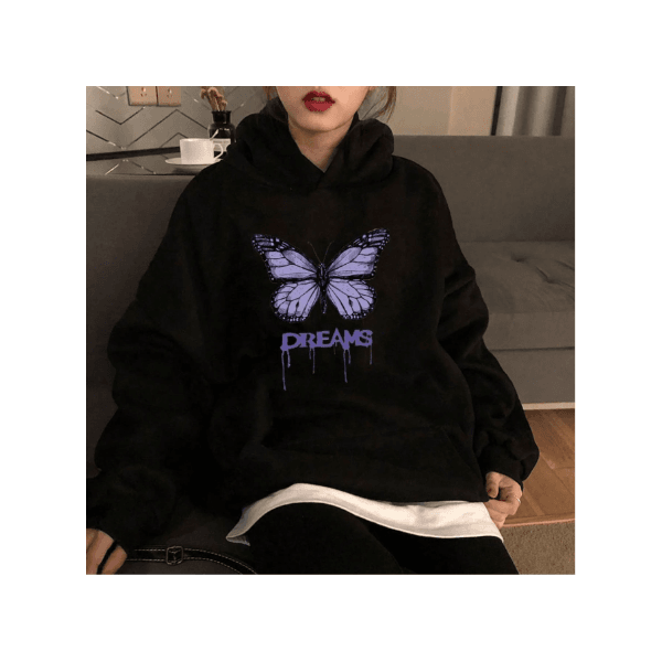 Blusa Moletom Canguru Feminino Dream Borboleta Sonhos Com Capuz e Cordão Bolso - PRETO - QUEIMA DE ESTOQUE