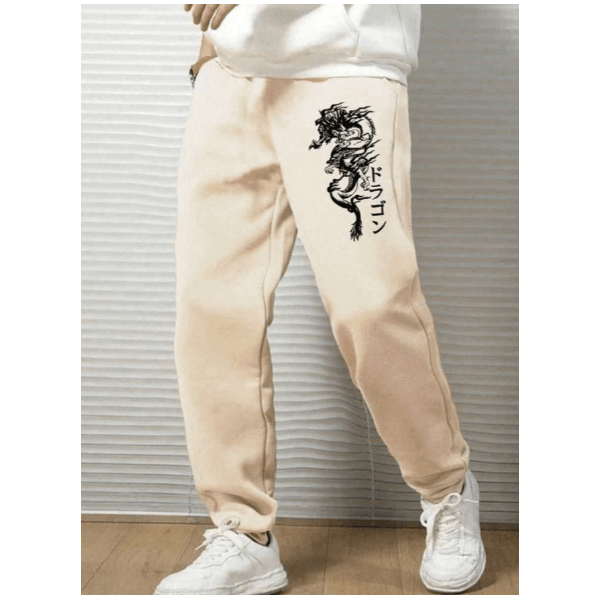 Calça De Moletom Estampada Japonesa Dragão Inverno Streetwear Premium - BEGE - QUEIMA DE ESTOQUE