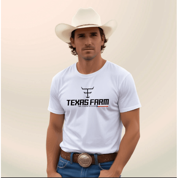 Camiseta Básica de Algodão Masculina Peão Boiadeiro Texas Farm Bandeira Rodeio Texas Country Agro - Branca - QUEIMA DE ESTOQUE