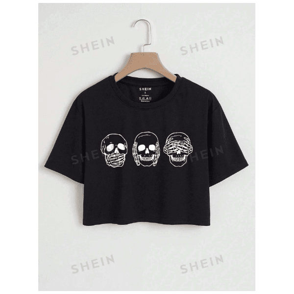 CROPPED Camiseta cortada estampa de caveirinhas - PRETO - QUEIMA DE ESTOQUE