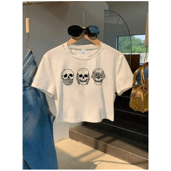 Camiseta Feminina Cropped Estampa Caveira Manga Curta Moderna 100% Algodão Malha Premium - BRANCO - QUEIMA DE ESTOQUE