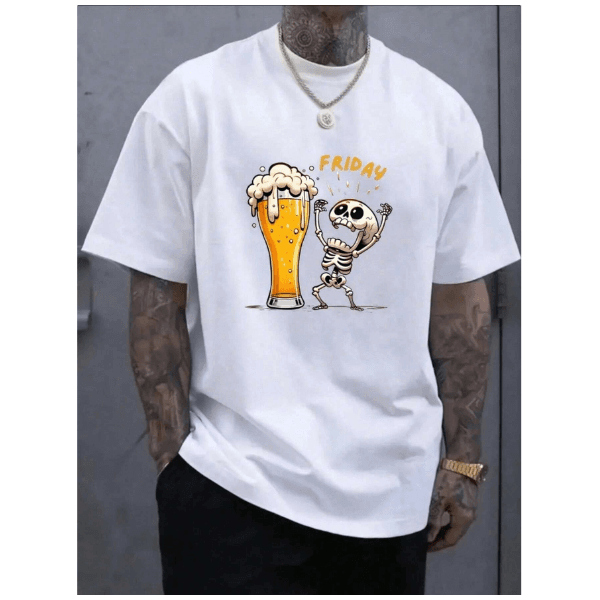 Camiseta 100% Algodão Básica Estampa Caveira Ceva Divertida Sextou - BRANCO - QUEIMA DE ESTOQUE