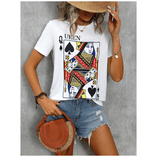 Camiseta Casual Estampada De Carta Dama - BRANCO - QUEIMA DE ESTOQUE