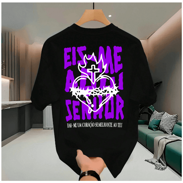 Camiseta Streetwear 100% Algodão Estampada Eis Me Aqui Senhor Unissex - PRETO - QUEIMA DE ESTOQUE