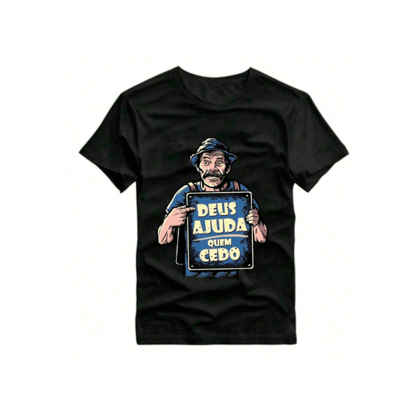 Camiseta de verão de manga curta redondo para homens ,com frase estampada, Deus ajuda quem cedo madruga - PRETO - QUEIMA DE ESTOQUE