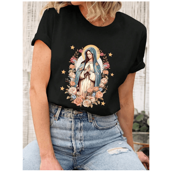 Camiseta Feminina Estampada Virgem Maria - PRETA - QUEIMA DE ESTOQUE