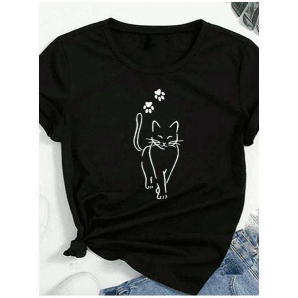 Blusa T-shirt Linda Camiseta Feminina Cat Pet Gato Patas - PRETA - QUEIMA DE ESTOQUE