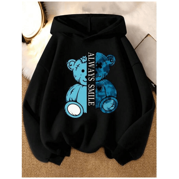 Moletom Unissex Urso Azul Always Smile Costas Casual - PRETO - QUEIMA DE ESTOQUE