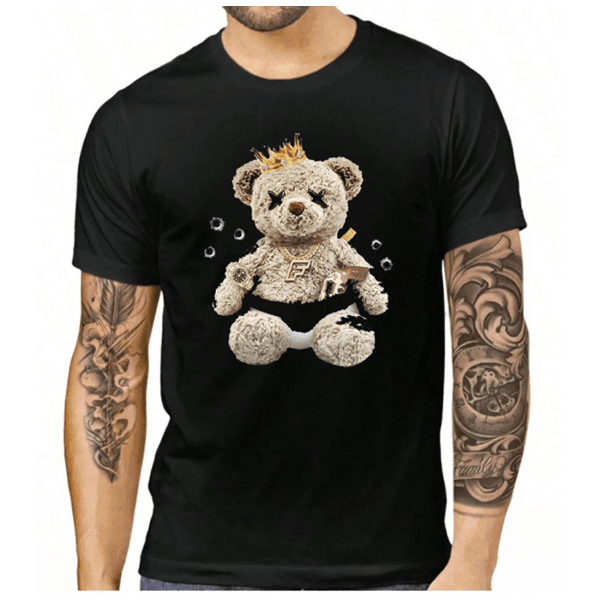 Camiseta Urso Bala Masculina Tendência Moda - PRETO - QUEIMA DE ESTOQUE