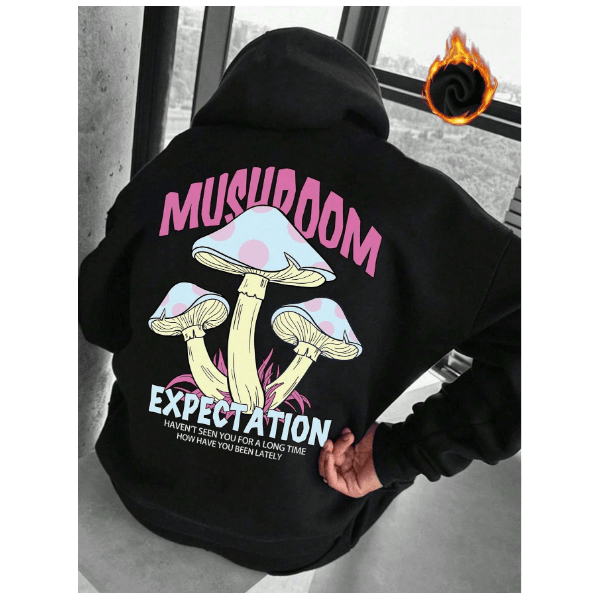 Moletom Com Capuz Masculino De Corte Largo Com Estampa De Cogumelo E Slogan EXPECTATION - PRETO - QUEIMA DE ESTOQUE
