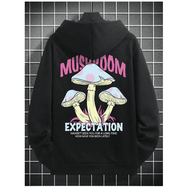 Moletom Com Capuz Masculino De Corte Largo Com Estampa De Cogumelo E Slogan EXPECTATION - PRETO - QUEIMA DE ESTOQUE