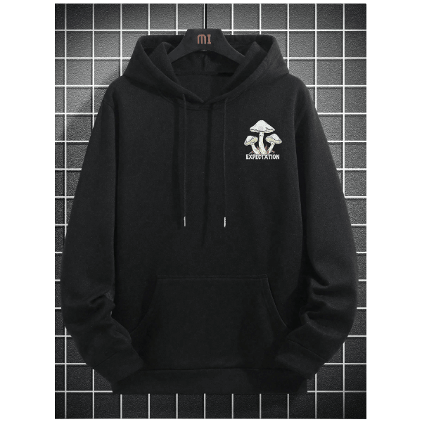 Moletom Com Capuz Masculino De Corte Largo Com Estampa De Cogumelo E Slogan EXPECTATION - PRETO - QUEIMA DE ESTOQUE