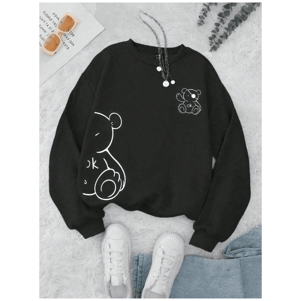 Moletom Urso Gráfico GOLA REDONDA FEMININO de Cartoon Revestido - PRETO - QUEIMA DE ESTOQUE