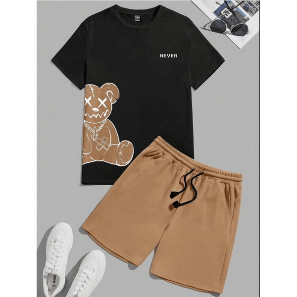 Camiseta Gráfica de Urso e Letras Estilo Anime para Homens e Shorts com Cordão na Cintura - PRETO/BEGE - QUEIMA DE ESTOQUE