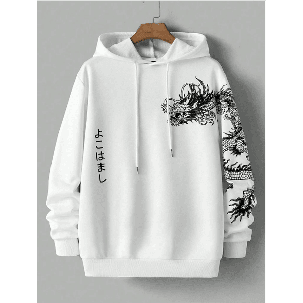 Moletom Com Capuz Estampa De Dragão Japonês Streetwear - BRANCO - QUEIMA DE ESTOQUE