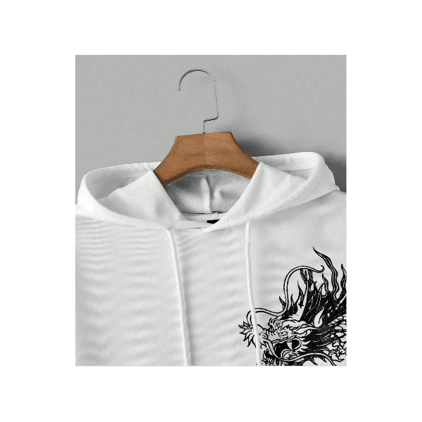 Moletom Com Capuz Estampa De Dragão Japonês Streetwear - BRANCO - QUEIMA DE ESTOQUE