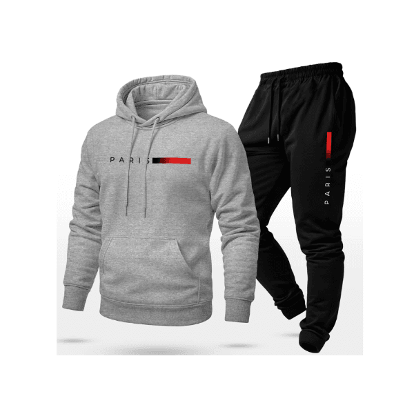 Conjunto Moletom Unissex Estampado Paris Calça e Blusa Com Capuz Bolso Canguru - CINZA/PRETO - QUEIMA DE ESTOQUE