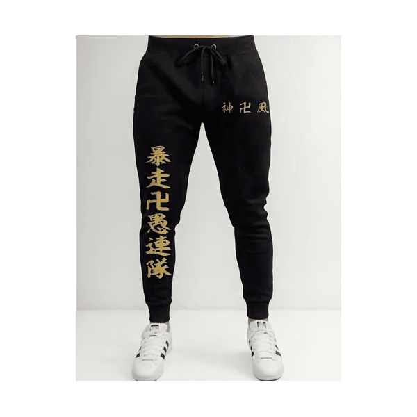 Calça Moletom Com Estampa Letras Japonesas Tokyo Revengers - PRETO - QUEIMA DE ESTOQUE