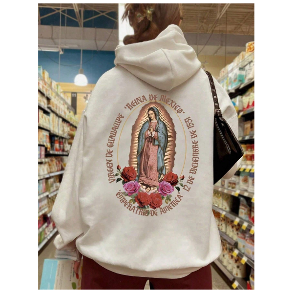 Moletom Feminino Estampado Da Virgem Maria Nas Costas - Bege - QUEIMA DE ESTOQUE