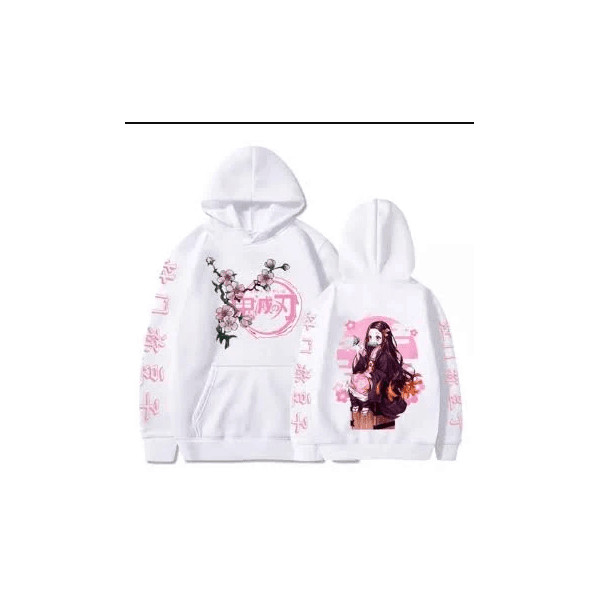 Moletom Canguru Confortável Mangá Demon Slayer de Algodão Com Capuz Personagem Nezuko Kamado - BRANCO/PRETO - QUEIMA DE ESTOQUE
