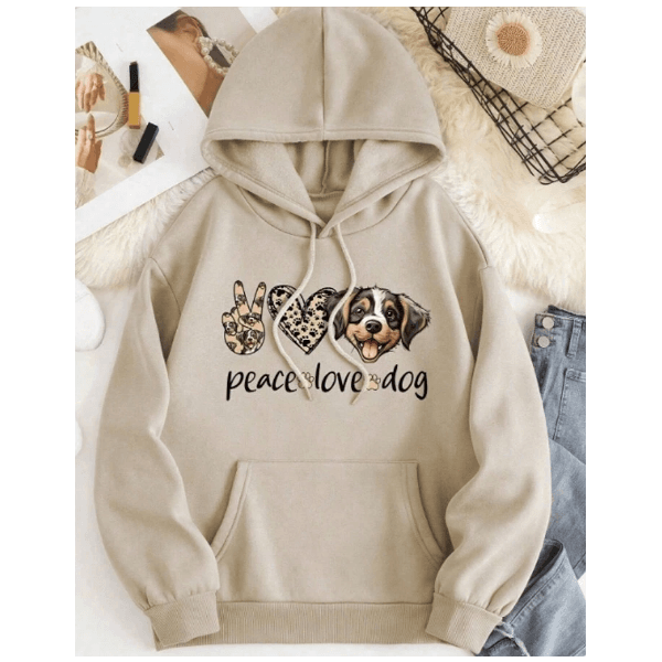 Moletom Feminino PEACE LOVE DOG Confortavel Casual - Bege M - QUEIMA DE ESTOQUE