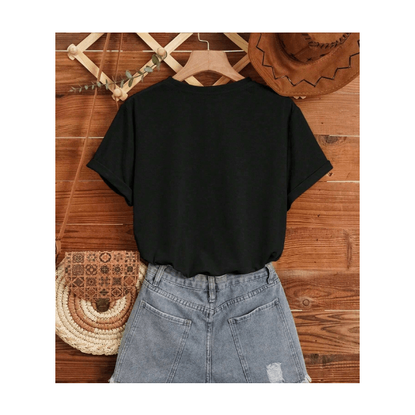 Camiseta Feminina Com Estampa De Sol E Rosto, Gola Redonda, Manga Curta - PRETO - QUEIMA DE ESTOQUE