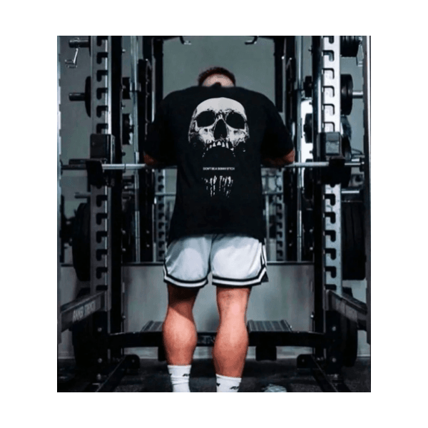 Camiseta Oversized Streetwear Caveira Academia - PRETO - QUEIMA DE ESTOQUE