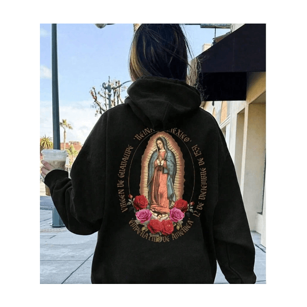 Moletom Feminino Estampado Da Virgem Maria Nas Costas - PRETO - QUEIMA DE ESTQUE