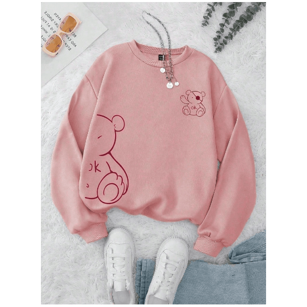 Moletom Urso Gráfico GOLA REDONDA FEMININO de Cartoon Revestido - Rosa M - QUEIMA DE ESTOQUE
