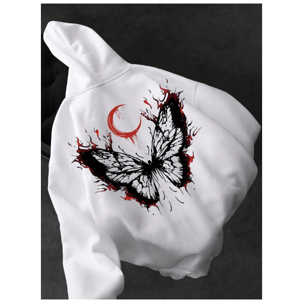 Moletom com Capuz com Cordão e Estampa de Borboleta e Lua - BRANCO - QUEIMA DE ESTOQUE