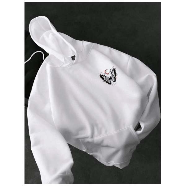 Moletom com Capuz com Cordão e Estampa de Borboleta e Lua - BRANCO - QUEIMA DE ESTOQUE