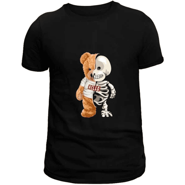 Camiseta Camisa Estampada Masculina Ursinho Caveira 100% Algodão Casual - PRETO - QUEIMA DE ESTOQUE