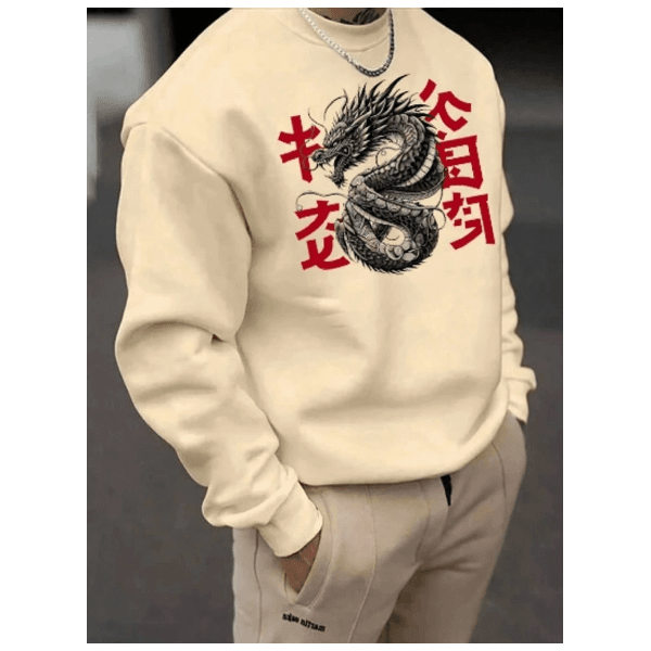 Moletom Masculino GOLA REDONDA streetwear dragão chinês - BEGE - QUEIMA DE ESTOQUE