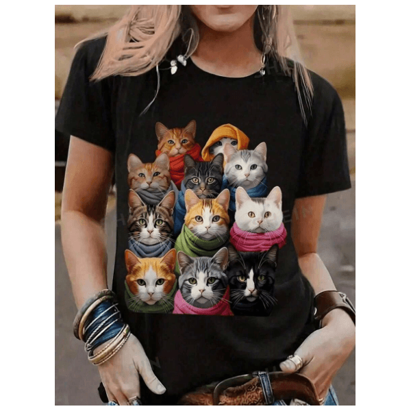 Camiseta Feminina Casual de Verão GATINHOS Camisa 100% Algodão Linha Premium - PRETO - QUEIMA DE ESTOQUE