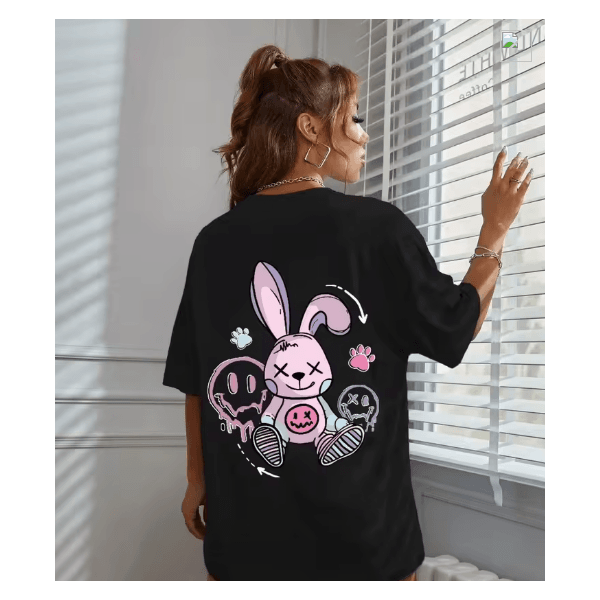 Camiseta de algodão estampada de coelhinha feminina, gola redonda, manga curta, top básico solto, camiseta casual - QUEIMA DE ESTOQUE