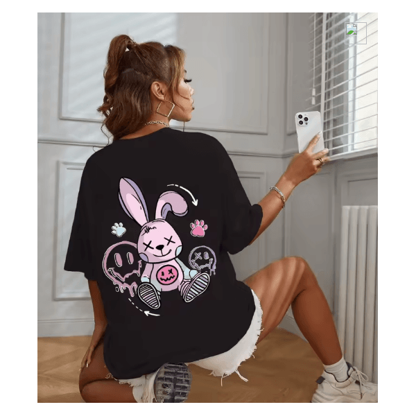 Camiseta de algodão estampada de coelhinha feminina, gola redonda, manga curta, top básico solto, camiseta casual - QUEIMA DE ESTOQUE