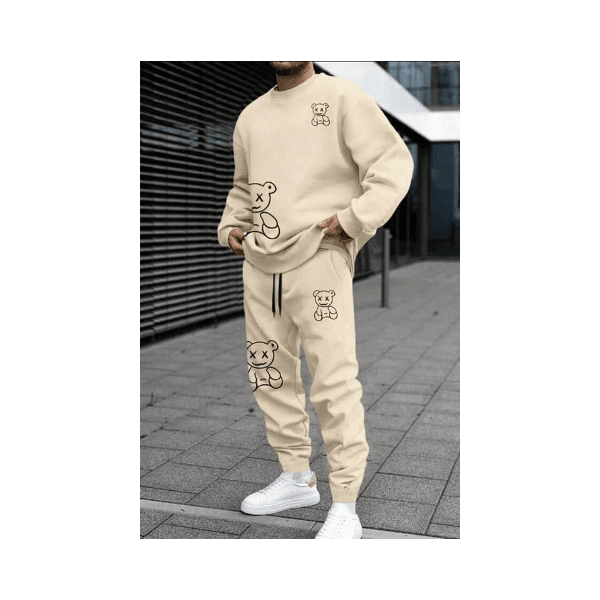 Conjunto Moletom + Calça Gola Redonda Ursinhos Masculino - BEGE - QUEIMA DE ESTOQUE