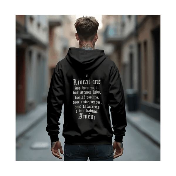 Moletom Blusa Racionais Mc's Livrai-me Dos Bico Sujo Canguru - PRETO - QUEIMA DE ESTOQUE