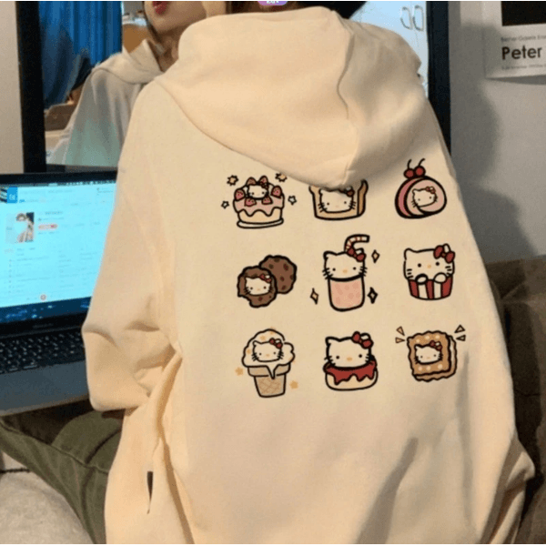 Moletom Canguru Com Capuz Feminino Kawaii Hello Kitty Candy - BEGE - QUEIMA DE ESTOQUE