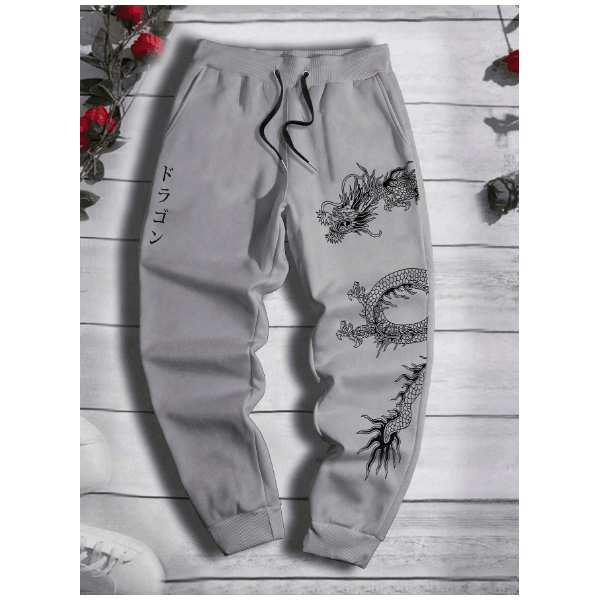 Calça de Moletom 100% Algodão Masculino Casual Lançamento Estampa Dragão - CINZA - QUEIMA DE ESTOQUE