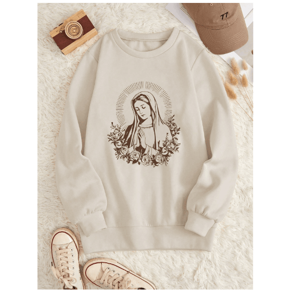 Blusa De Manga Longa Com Estampa Virgem Maria - BEGE - QUEIMA DE ESTOQUE