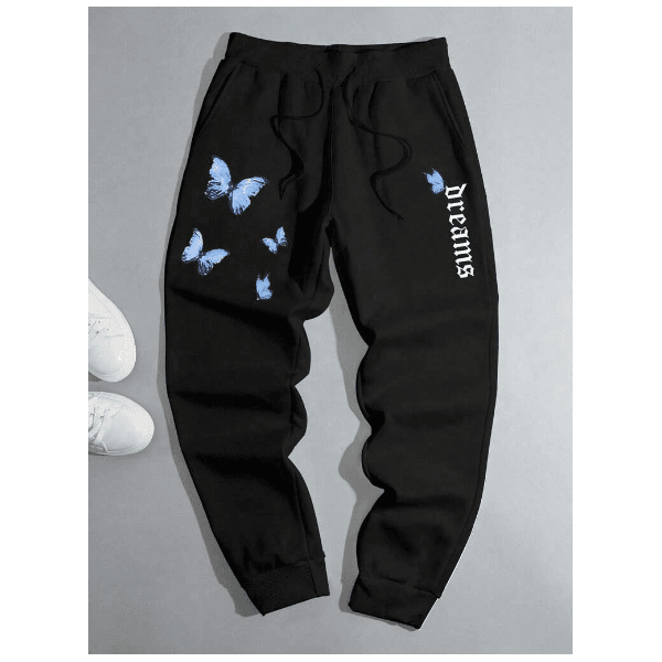 Calça De Moletom Com Ajuste Solto Com Borboletas - PRETO - QUEIMA DE ESTOQUE