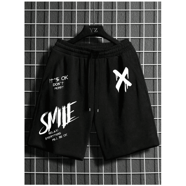 Shorts MOLETOM X IT'S OK Homens Gráfico De Slogan Cintura Com Cordão - PRETO - QUEIMA DE ESTOQUE