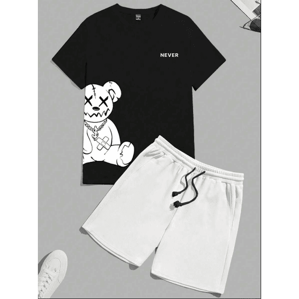 Camiseta Gráfica de Urso e Letras Estilo Anime para Homens e Shorts com Cordão na Cintura - PRETO/BRANCO - QUEIMA DE ESTOQUE