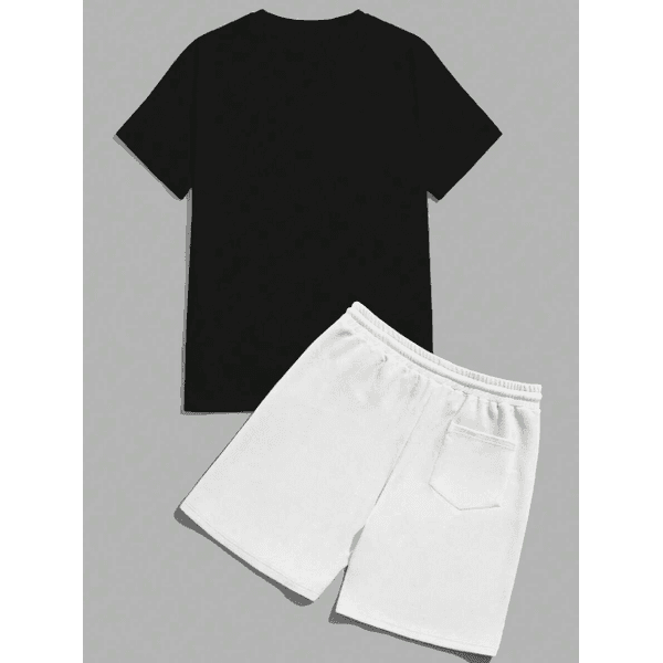 Camiseta Gráfica de Urso e Letras Estilo Anime para Homens e Shorts com Cordão na Cintura - PRETO/BRANCO - QUEIMA DE ESTOQUE