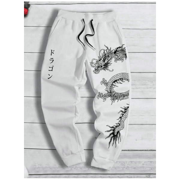 Calça de Moletom com Cordão na Cintura com Estampa de Dragão e Letra - BRANCO - QUEIMA DE ESTOQUE
