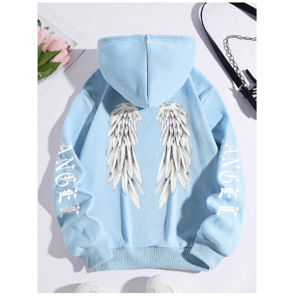 MOLETOM FEMININO Capuz Gráfico de Asas e Cordão Revestido - Azul G - QUEIMA DE ESTOQUE
