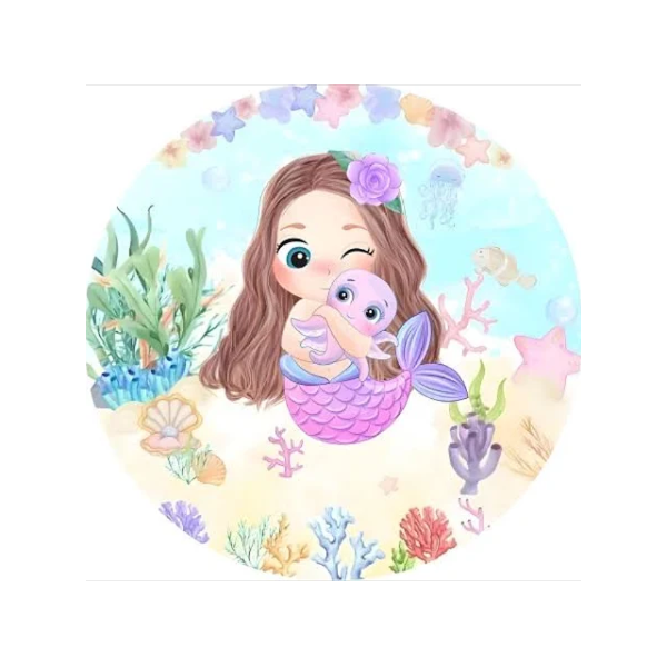 Lindo Painel Festa Infantil Redondo Sereia Cute Polvinha fofa, fundo do mar aquarela - QUEIMA DE ESTOQUE