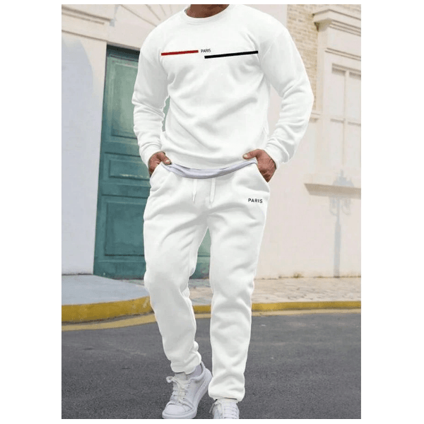Kit Conjunto Moletom Gola Redonda+ Calça Paris Listras Casual Masculino Moda - Branco GG - QUEIMA DE ESTOQUE