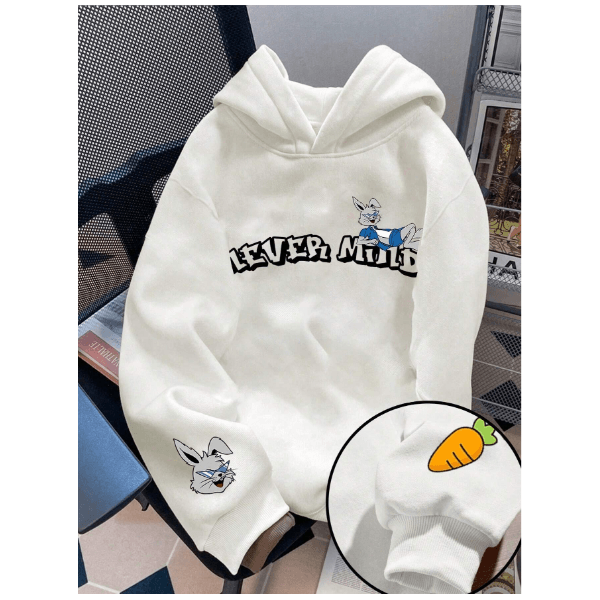 Moletom Com Capuz de Ombros Caídos COELHO LEVER e Grosso Para Homens - Branco M - QUEIMA DE ESTOQUE